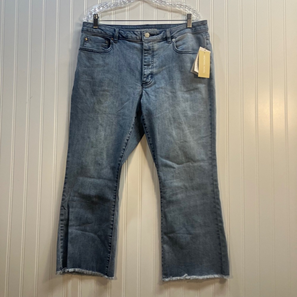 Michael Kors Women 14‎ Angel Blue Wash Button Fly Raw Hem Straight Leg Jeans NWT